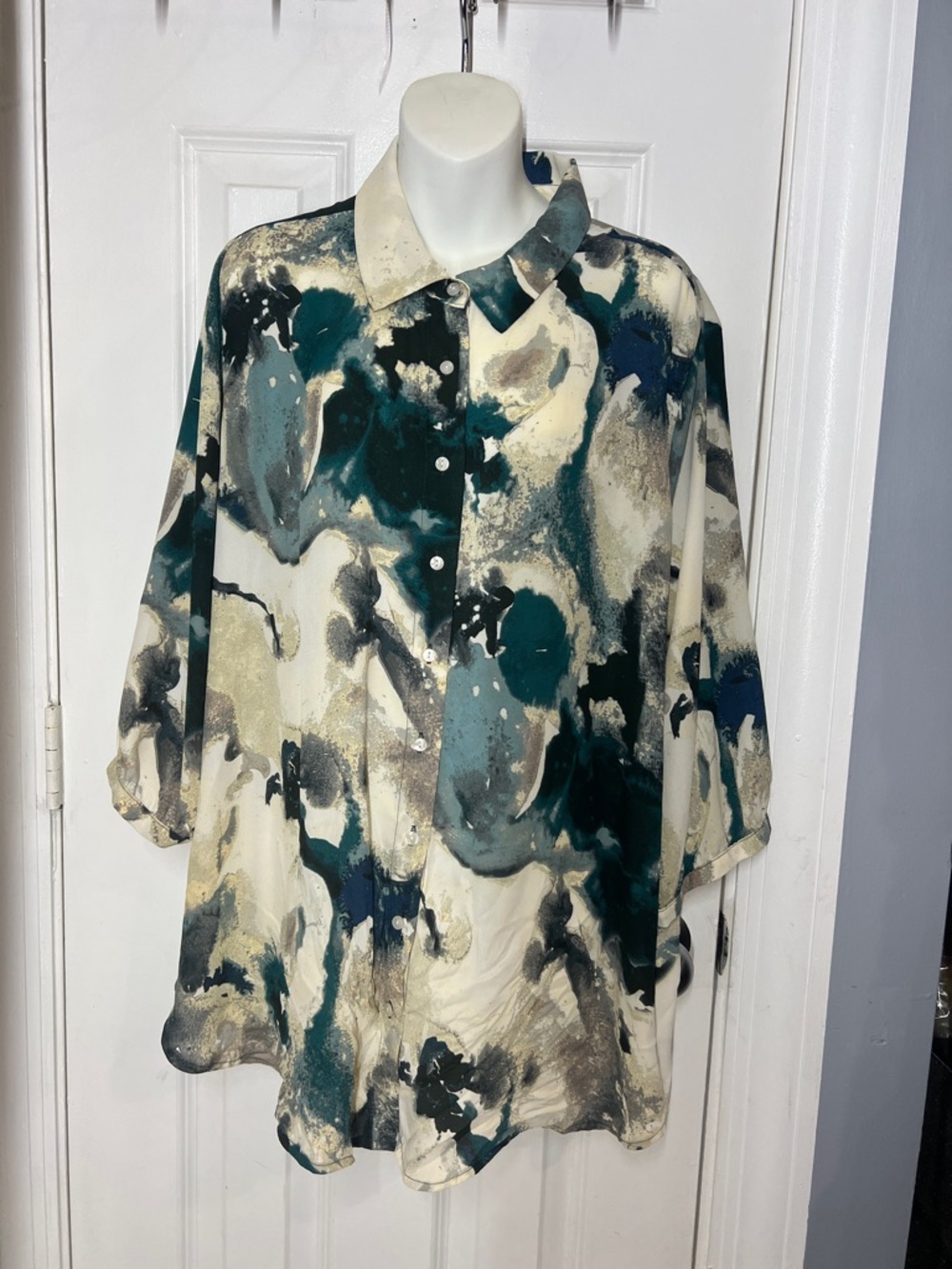 Cynthia Rowley Abstract Button-Down Shirt in Teal, Cream, Black
